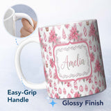 Personalized Custom Name Elegant Pink Christmas Ornaments Holly Leaves Watercolor Seamless 11oz Ceramic Coffee Tea Mug White Large Handle