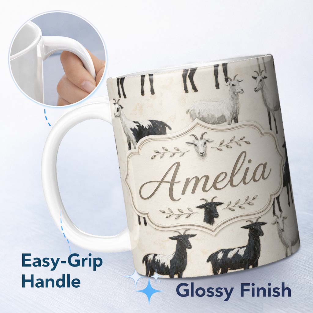 Personalized Custom Name Black and White Farm Goat Rustic Animal Seamless Pattern Lovely 11oz Ceramic Coffee Tea Mug White Large Handle