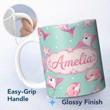 Personalized Custom Name Cute Pink Dolphins and Starfish Ocean Mint Green Polka Dot Lovely 11oz Ceramic Coffee Tea Mug White Large Handle
