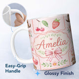 Personalized Custom Name Cute Strawberry Cherry Ribbon Bow Sweet Dessert Pattern Blush Pink 11oz Ceramic Coffee Tea Mug White Large Handle