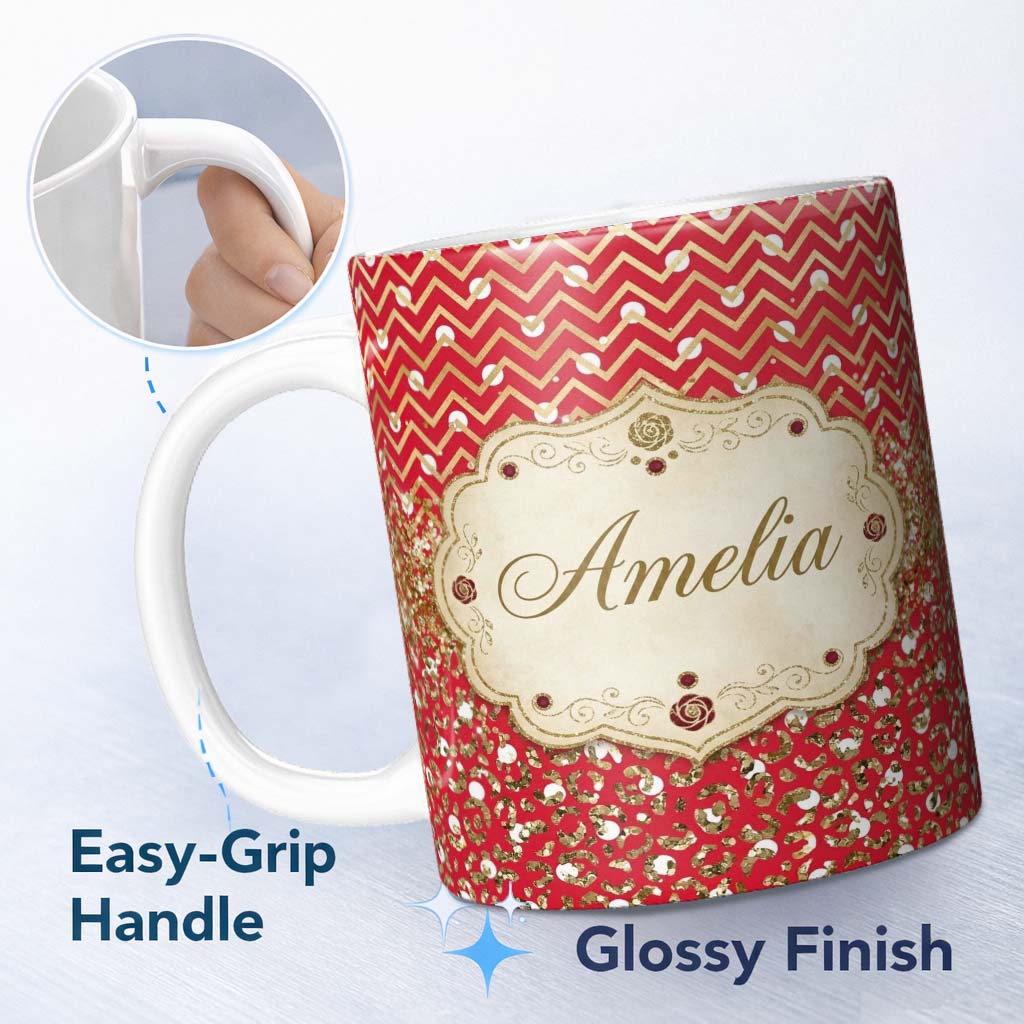 Personalized Custom Name Red Gold Chevron Glitter Leopard Seamless Pattern Design Bold Lovely 11oz Ceramic Coffee Tea Mug White Large Handle