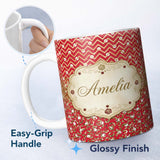 Personalized Custom Name Red Gold Chevron Glitter Leopard Seamless Pattern Design Bold Lovely 11oz Ceramic Coffee Tea Mug White Large Handle