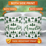 Personalized Custom Name Simple Hand Drawn Green Christmas Trees Minimal Seamless Pattern 11oz Ceramic Coffee Tea Mug White Large Handle