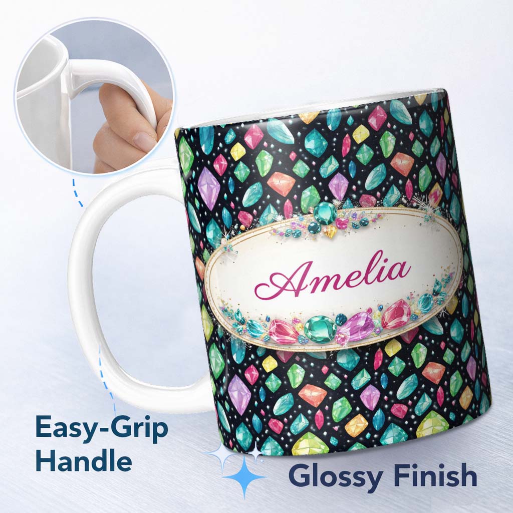 Personalized Custom Name Bright Faceted Gemstone Seamless Pattern Dark Background Jewel 11oz Ceramic Coffee Tea Mug White Large Handle