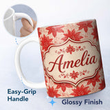 Personalized Custom Name Distressed Red Floral Block Print Texture Seamless Pattern Lovely 11oz Ceramic Coffee Tea Mug White Large Handle