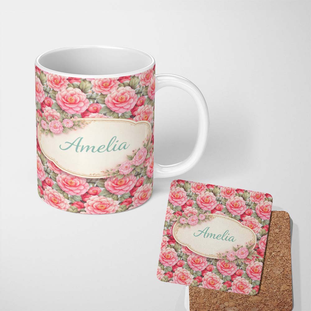 Personalized Custom Name Watercolor Pink Camellia Floral Seamless Pattern Cute Unique Gift 11oz Ceramic Coffee Tea Mug White Large Handle