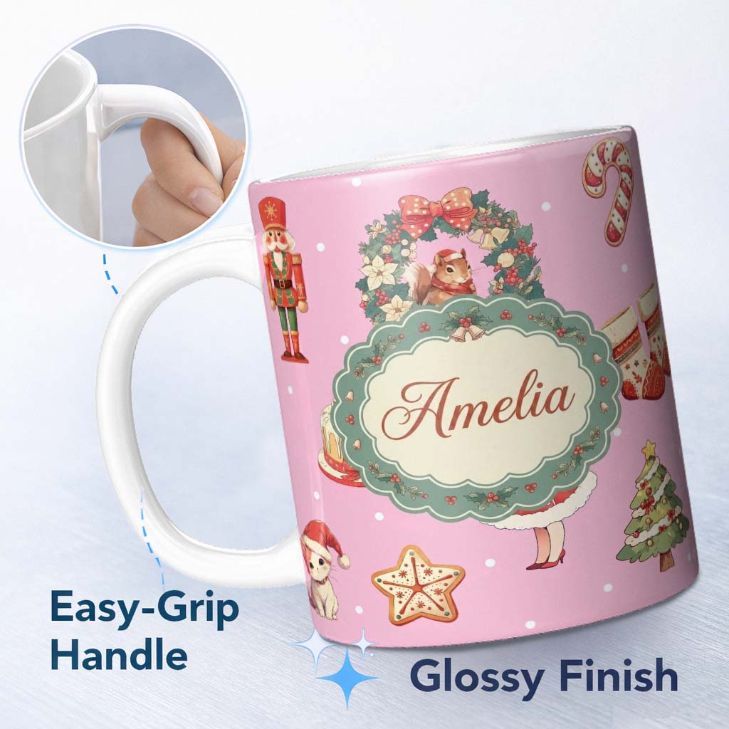 Personalized Custom Name Cute Christmas Nutcracker Squirrel Cake Candy Cane Girl Tree Pink 11oz Ceramic Coffee Tea Mug White Large Handle