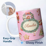 Personalized Custom Name Cute Christmas Nutcracker Squirrel Cake Candy Cane Girl Tree Pink 11oz Ceramic Coffee Tea Mug White Large Handle