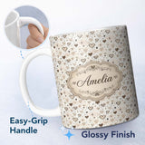 Personalized Custom Name Minimal Neutral Heart and Soft Doodle Seamless Pattern Lovely 11oz Ceramic Coffee Tea Mug White Large Handle