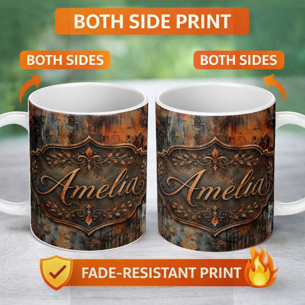 Personalized Custom Name Burnt Metal Rust Texture Seamless Pattern Dark Abstract Grunge Style 11oz Ceramic Coffee Tea Mug White Large Handle