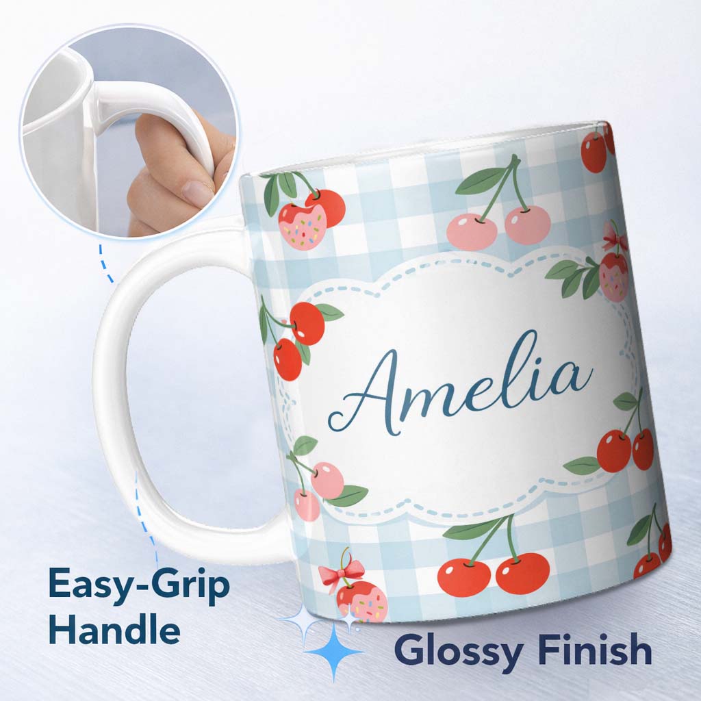 Personalized Custom Name Cherry Fruit Green Gingham Picnic Check Seamless Pattern Lovely 11oz Ceramic Coffee Tea Mug White Large Handle