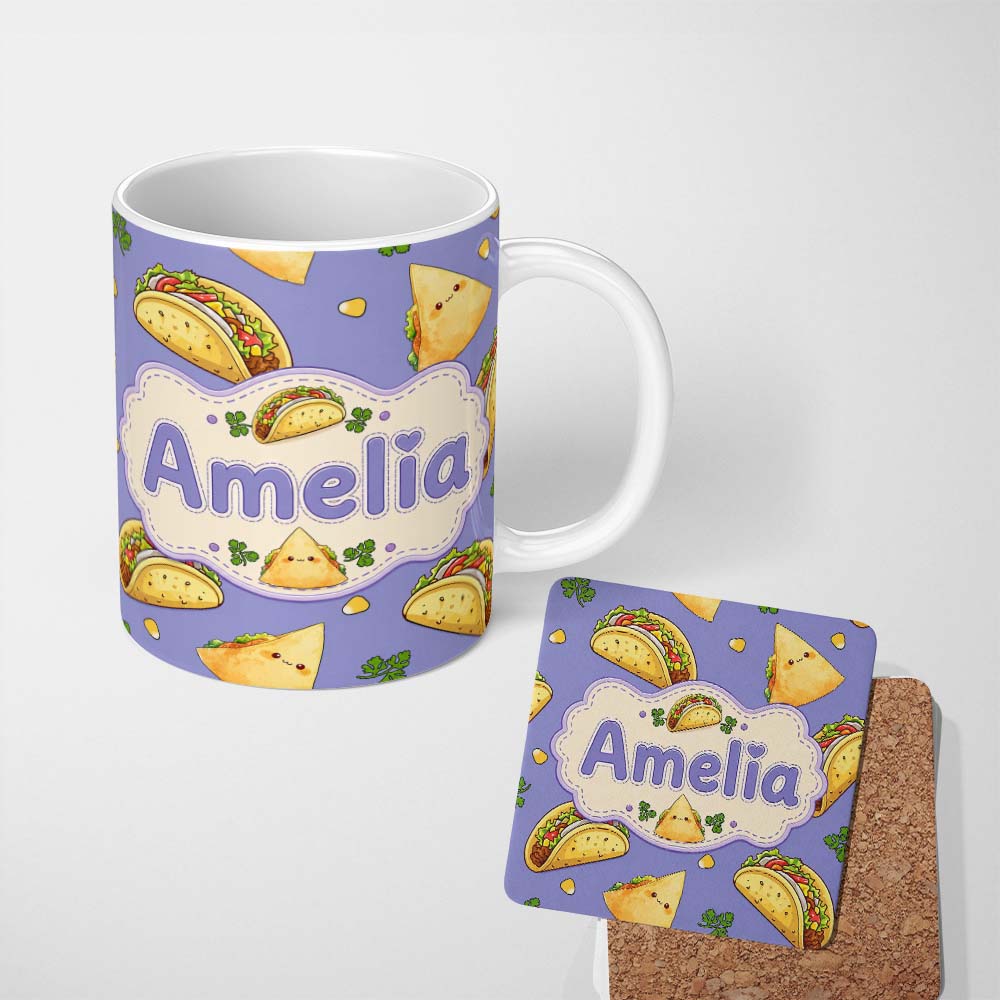 Personalized Custom Name Cute Kawaii Tacos and Wraps Seamless Pattern Purple Background 11oz Ceramic Coffee Tea Mug White Large Handle