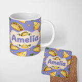 Personalized Custom Name Cute Kawaii Tacos and Wraps Seamless Pattern Purple Background 11oz Ceramic Coffee Tea Mug White Large Handle