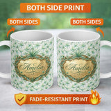 Personalized Custom Name Soft Green Air Plant Botanical Leaves Seamless Pattern Design Lovely 11oz Ceramic Coffee Tea Mug White Large Handle