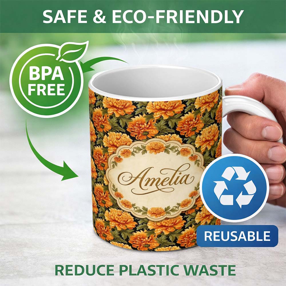 Personalized Custom Name Chrysanthemum Floral on Dark Background with High Contrast Petals 11oz Ceramic Coffee Tea Mug White Large Handle