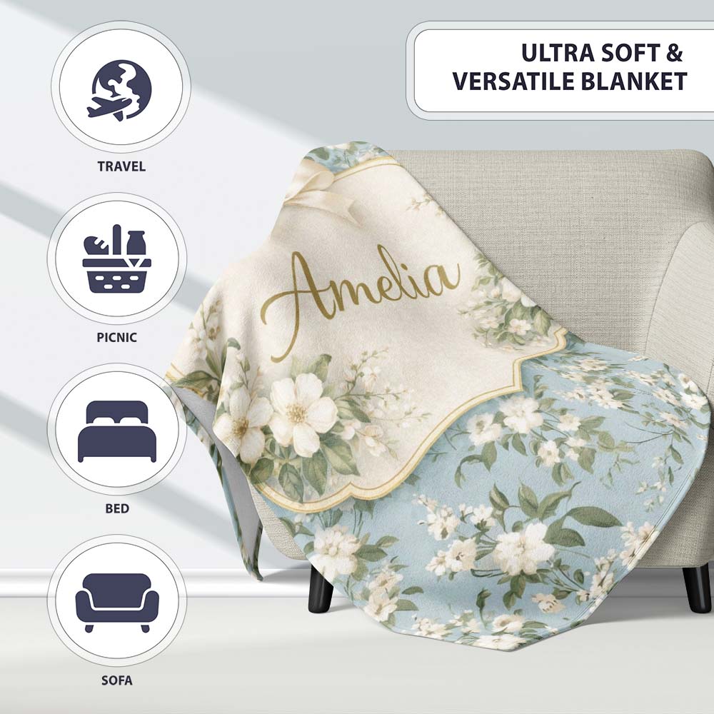 Light Blue Ditsy Floral Small Blossom Repeat Cute Unique Gift Lovely Personalised Custom Name Super Soft Fleece Blanket Bed Sofa Throw