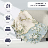 Light Blue Ditsy Floral Small Blossom Repeat Cute Unique Gift Lovely Personalised Custom Name Super Soft Fleece Blanket Bed Sofa Throw