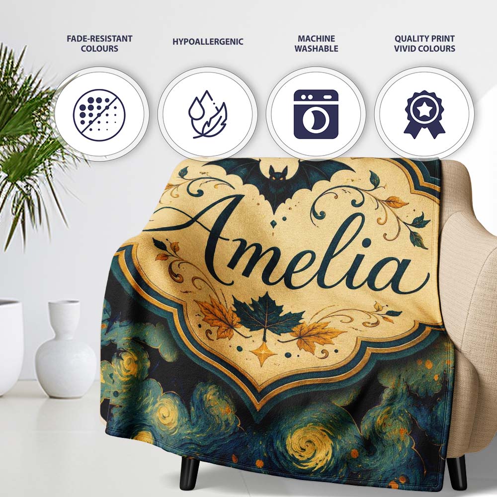 Starry Night Swirling Sky with Bats Artistic Van Gogh Style Lovely  Personalised Custom Name Super Soft Fleece Blanket Bed Sofa Throw