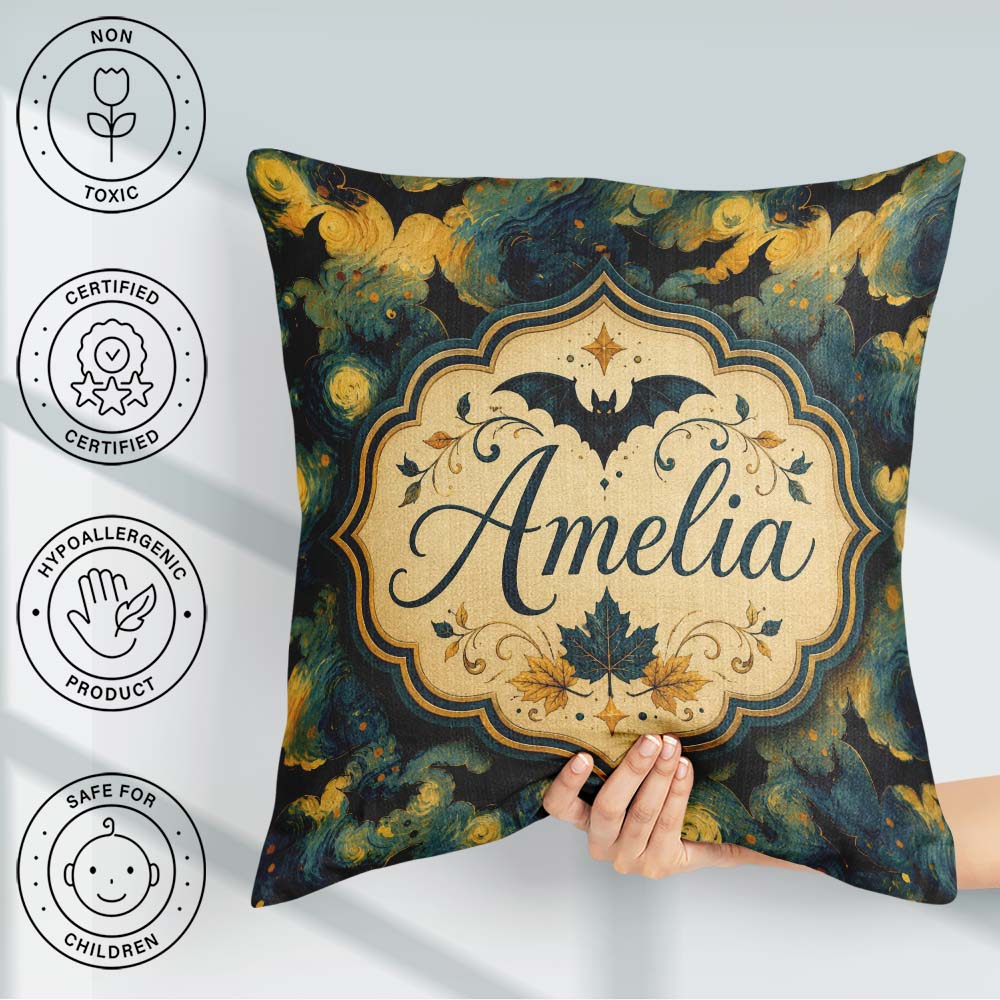 Custom Name Night Swirling Sky with Bats Artistic Van Gogh Style Square Filled Cushion Throw Pillow Sofa Bed Home Decor Zip Washable UK Made