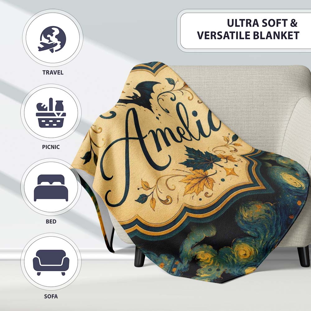 Starry Night Swirling Sky with Bats Artistic Van Gogh Style Lovely  Personalised Custom Name Super Soft Fleece Blanket Bed Sofa Throw