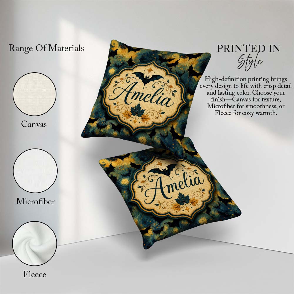 Custom Name Night Swirling Sky with Bats Artistic Van Gogh Style Square Filled Cushion Throw Pillow Sofa Bed Home Decor Zip Washable UK Made