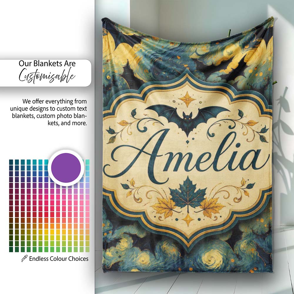 Starry Night Swirling Sky with Bats Artistic Van Gogh Style Lovely  Personalised Custom Name Super Soft Fleece Blanket Bed Sofa Throw