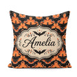 Custom Name Bold Geometric Bat in Orange and Repeating Halloween Square Filled Cushion Throw Pillow Sofa Bed Home Decor Zip Washable UK Made