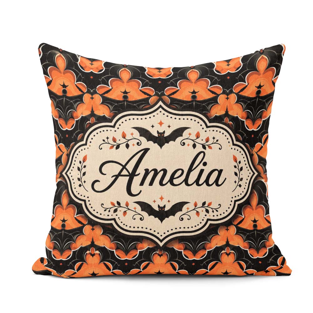 Custom Name Bold Geometric Bat in Orange and Repeating Halloween Square Filled Cushion Throw Pillow Sofa Bed Home Decor Zip Washable UK Made