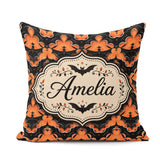 Custom Name Bold Geometric Bat in Orange and Repeating Halloween Square Filled Cushion Throw Pillow Sofa Bed Home Decor Zip Washable UK Made