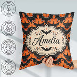 Custom Name Bold Geometric Bat in Orange and Repeating Halloween Square Filled Cushion Throw Pillow Sofa Bed Home Decor Zip Washable UK Made
