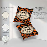 Custom Name Bold Geometric Bat in Orange and Repeating Halloween Square Filled Cushion Throw Pillow Sofa Bed Home Decor Zip Washable UK Made