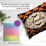 Custom Name Bold Geometric Bat in Orange and Repeating Halloween Square Filled Cushion Throw Pillow Sofa Bed Home Decor Zip Washable UK Made