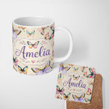 Personalized Custom Name Colorful Watercolor Butterflies on Cream Background Seamless 11oz Ceramic Coffee Tea Mug White Large Handle