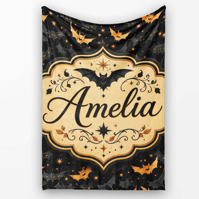 Cute Cartoon Bats and Stars on Black Background Fun Halloween Lovely  Personalised Custom Name Super Soft Fleece Blanket Bed Sofa Throw