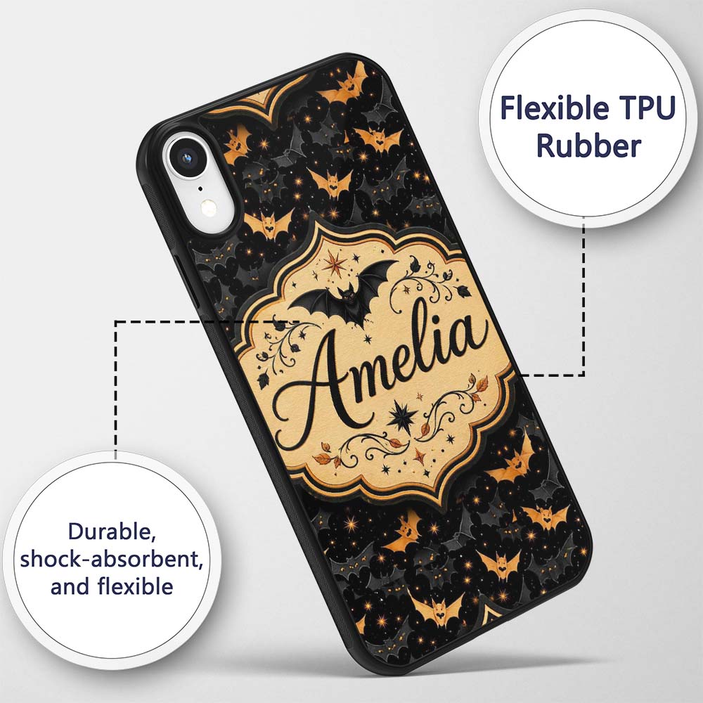 Cute Cartoon Bats and Stars on Black Background Custom Name Protective Phone Case Mobile Cover Durable Everyday Smartphone Shock Resistant