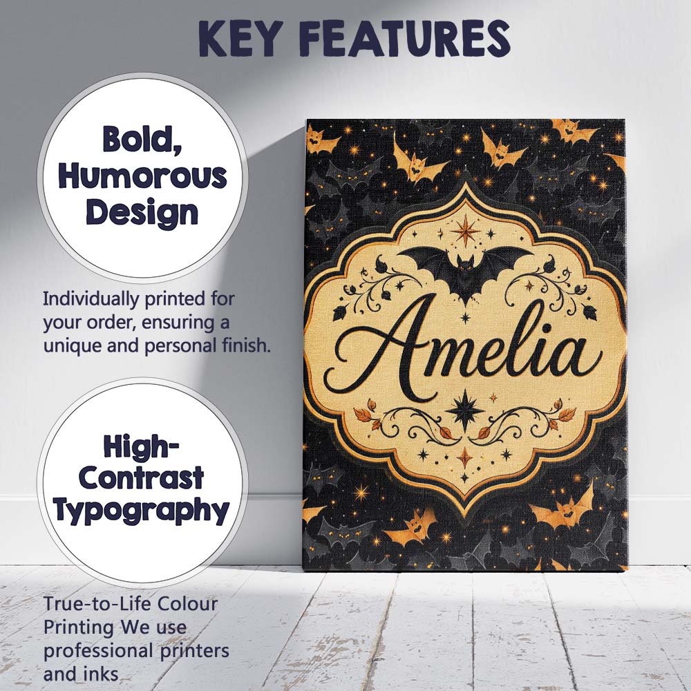 Personalised Name Cute Cartoon Bats and Custom  Modern Room Accent Elegant Feature Canvas Wall Art Print Decor Picture Ready to Hang