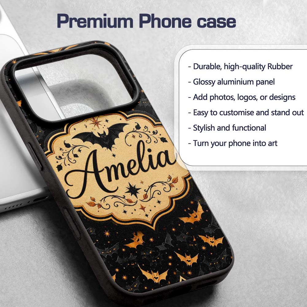 Cute Cartoon Bats and Stars on Black Background Custom Name Protective Phone Case Mobile Cover Durable Everyday Smartphone Shock Resistant