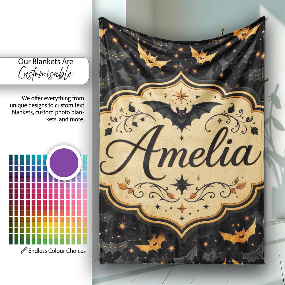 Cute Cartoon Bats and Stars on Black Background Fun Halloween Lovely  Personalised Custom Name Super Soft Fleece Blanket Bed Sofa Throw