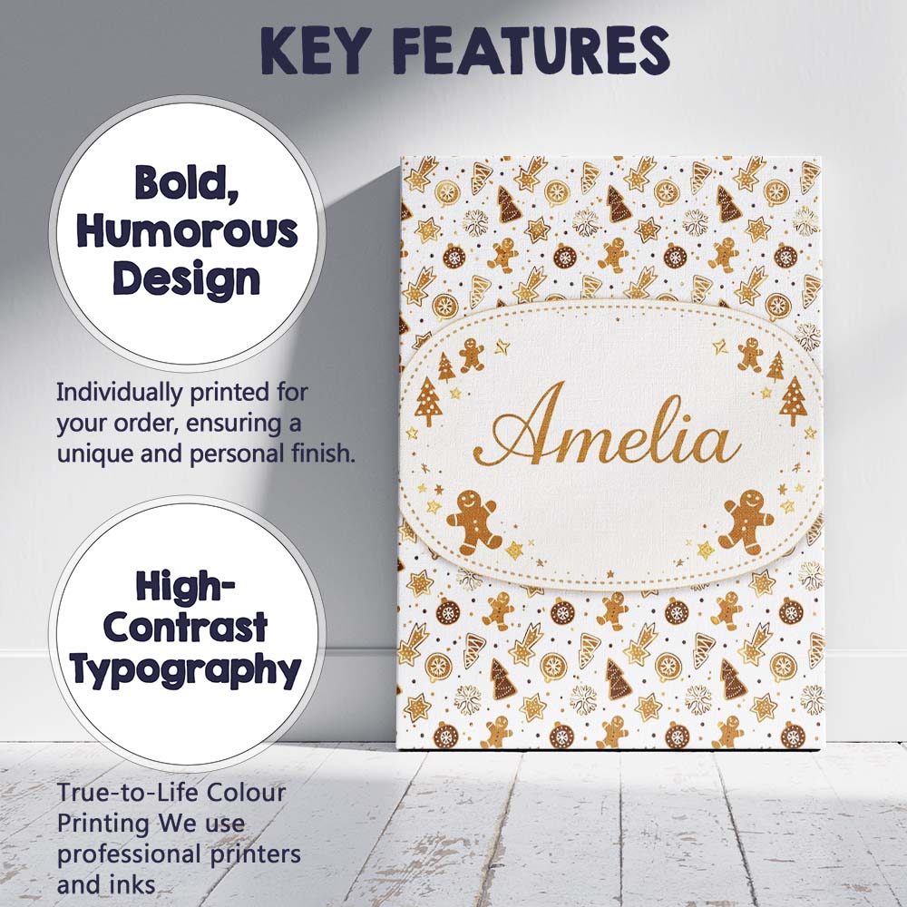 Personalised Name Gingerbread Christmas Cookies Pattern White Custom Contemporary Display Canvas Wall Art Print Decor Picture Ready to Hang