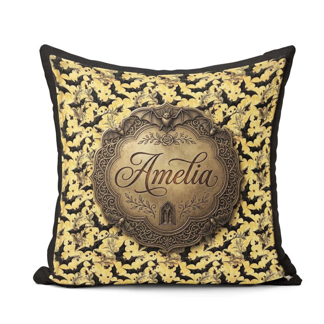 Custom Name Classic Bats in Yellow Cloudy Sky Halloween Seamless Square Filled Cushion Throw Pillow Sofa Bed Home Decor Zip Washable UK Made