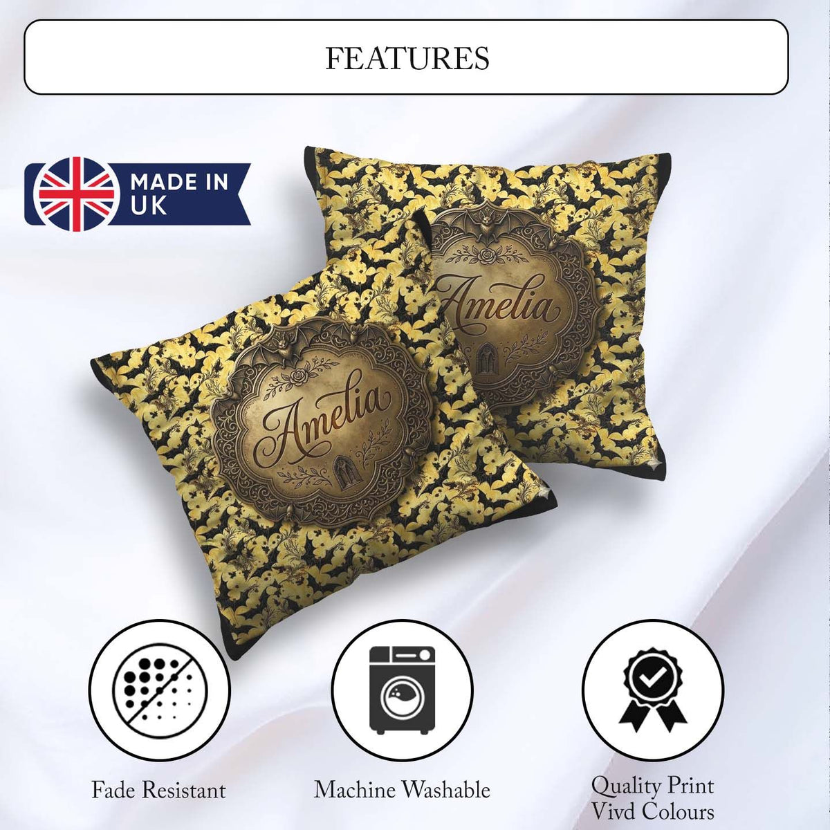 Custom Name Classic Bats in Yellow Cloudy Sky Halloween Seamless Square Filled Cushion Throw Pillow Sofa Bed Home Decor Zip Washable UK Made