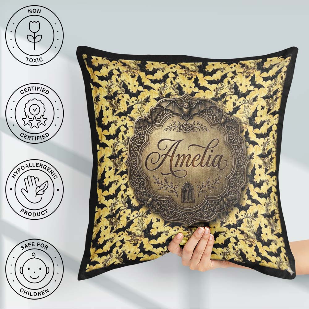 Custom Name Classic Bats in Yellow Cloudy Sky Halloween Seamless Square Filled Cushion Throw Pillow Sofa Bed Home Decor Zip Washable UK Made