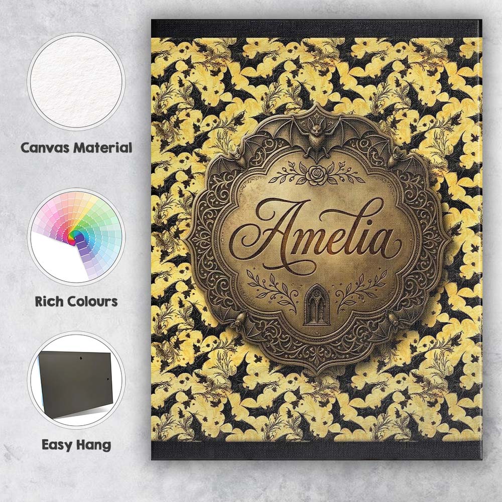 Personalised Name Classic Bats in Yellow Custom  Unique Gift Idea Elegant Feature Canvas Wall Art Print Decor Picture Ready to Hang