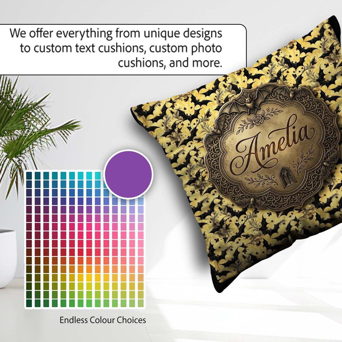 Custom Name Classic Bats in Yellow Cloudy Sky Halloween Seamless Square Filled Cushion Throw Pillow Sofa Bed Home Decor Zip Washable UK Made