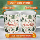 Personalized Custom Name Modern Christmas Trees Ornaments Stars Festive Seamless Pattern 11oz Ceramic Coffee Tea Mug White Large Handle