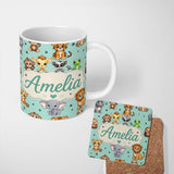 Personalized Custom Name Cute Jungle Baby Animals Lion Tiger Elephant Giraffe Pattern Mint 11oz Ceramic Coffee Tea Mug White Large Handle