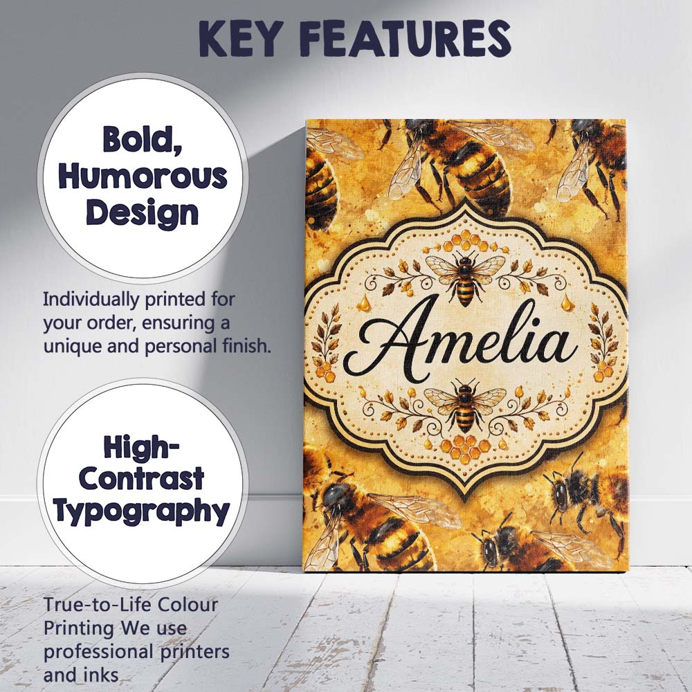 Personalised Name Detailed Honey Bees on Custom  Unique Gift Idea Elegant Feature Canvas Wall Art Print Decor Picture Ready to Hang
