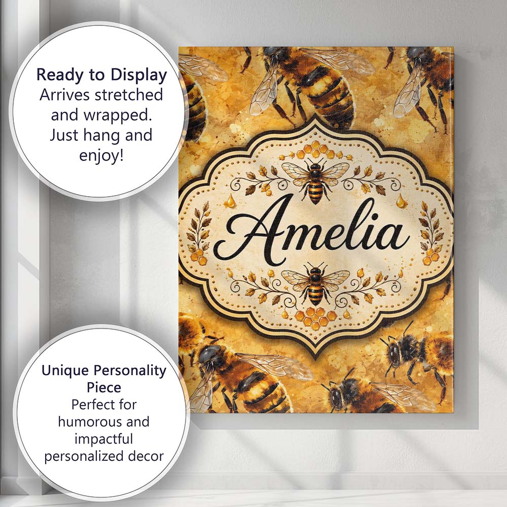 Personalised Name Detailed Honey Bees on Custom  Unique Gift Idea Elegant Feature Canvas Wall Art Print Decor Picture Ready to Hang