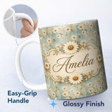 Personalized Custom Name Rustic Daisy Pattern on Neutral Textured Canvas Style Background 11oz Ceramic Coffee Tea Mug White Large Handle