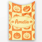 Halloween Pumpkin Faces in Warm Yellow and Orange Grid Seamless  Personalised Custom Name Super Soft Fleece Blanket Bed Sofa Throw